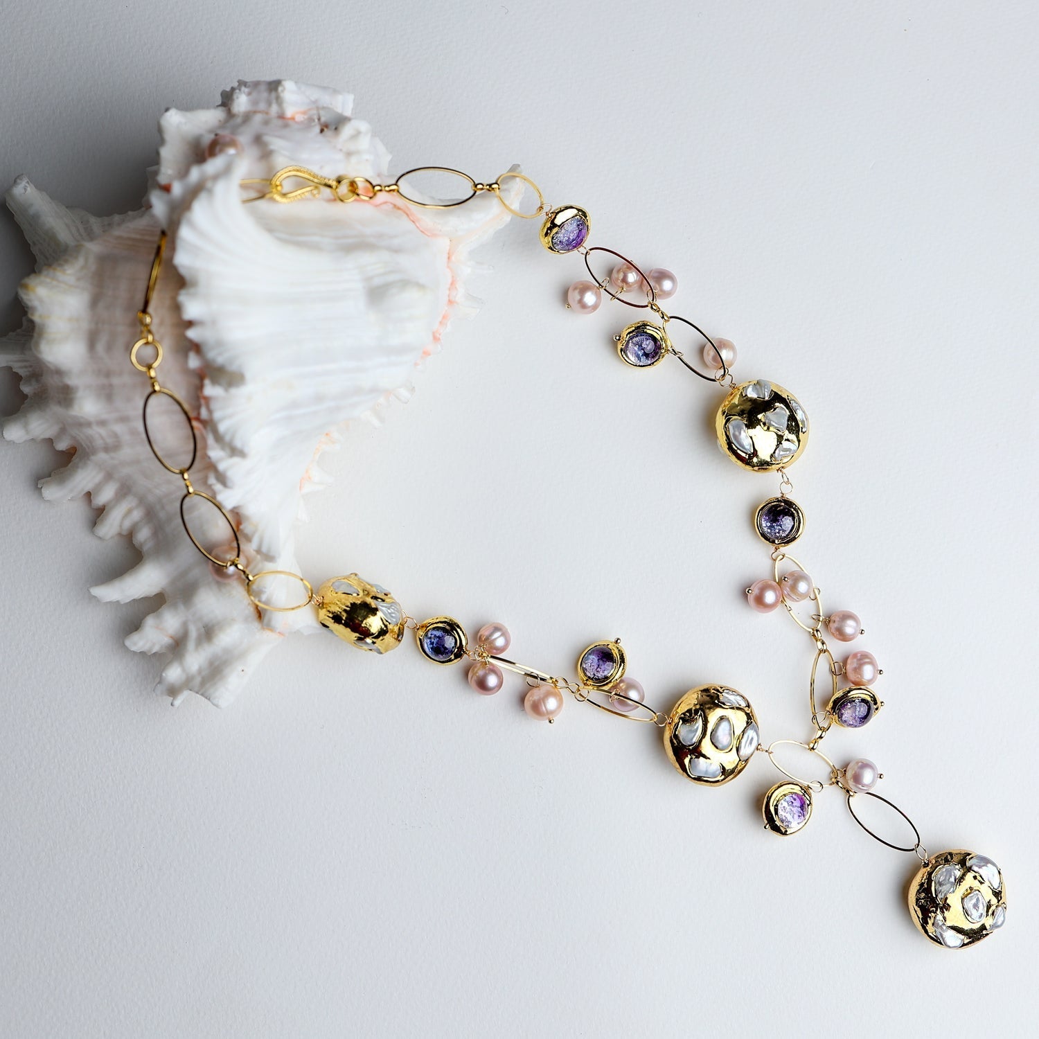 Natural keshi pearl purple murano glass charm necklace