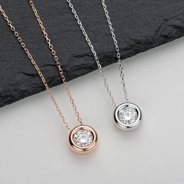 1Ct 6.5mm Moissanite Diamond Bezel Pendant Necklace