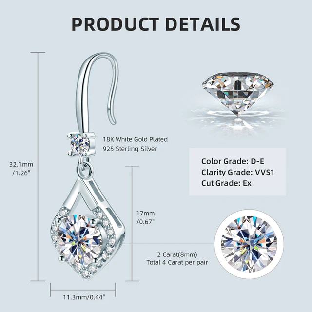 925 Silver 6.5MM 1CT Moissanite Diamond Drop Earrings
