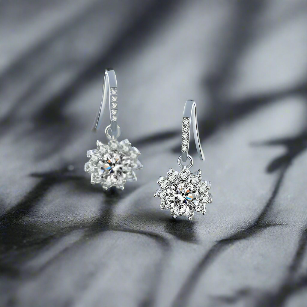 925 Silver 6.5MM 1CT Moissanite Diamond Drop Flower Earrings