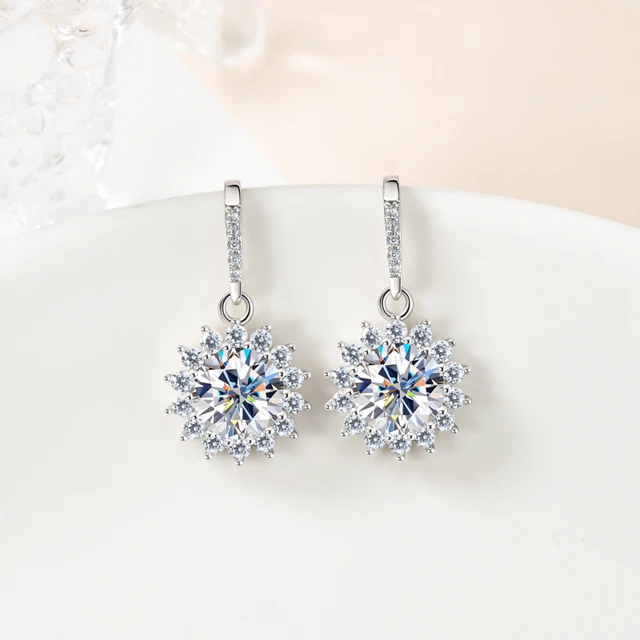 925 Silver 6.5MM 1CT Moissanite Diamond Drop Flower Earrings