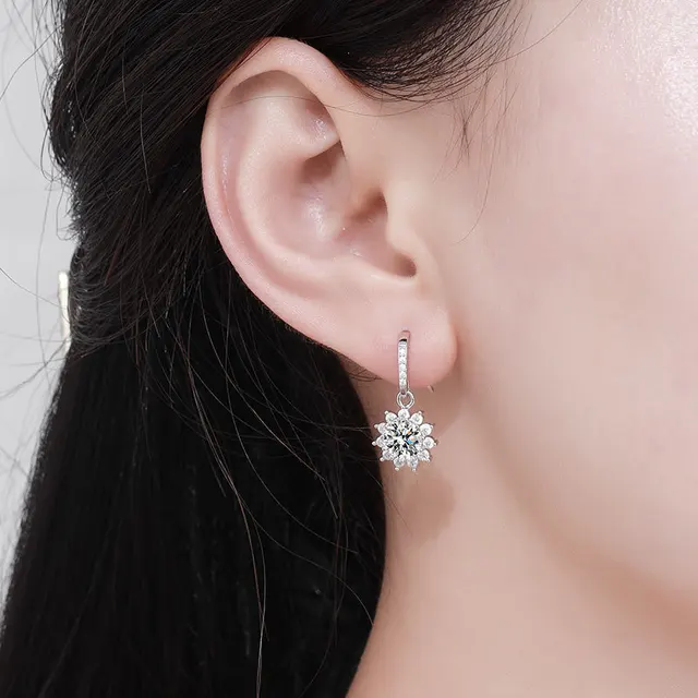925 Silver 6.5MM 1CT Moissanite Diamond Drop Flower Earrings