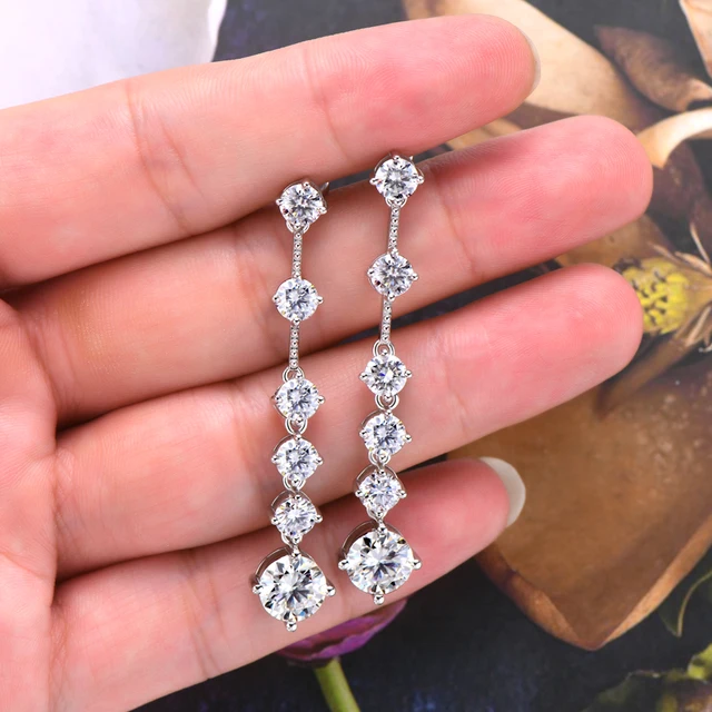 925 Silver 8MM 2CT Moissanite Long Drop Diamond Earrings