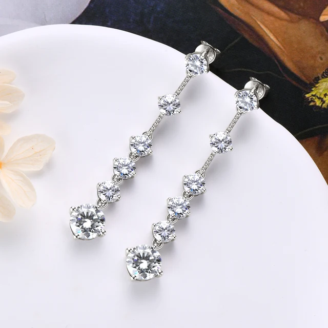 925 Silver 8MM 2CT Moissanite Long Drop Diamond Earrings