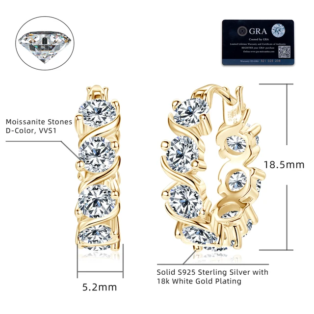 925 Silver 4mm 4.8CT Moissanite Diamond Hoop Earrings