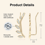 925 Silver 1.5mm Moissanite Climber Leaf Earrings