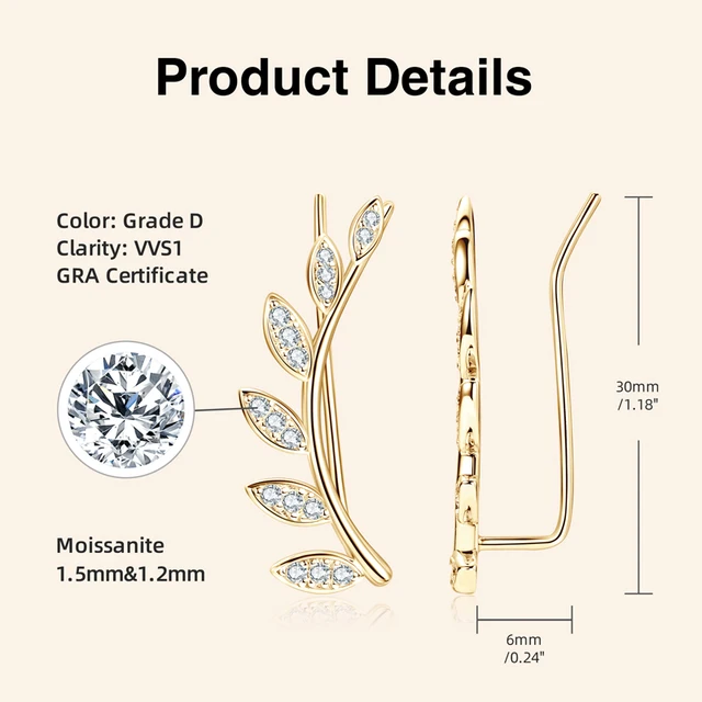 925 Silver 1.5mm Moissanite Climber Leaf Earrings