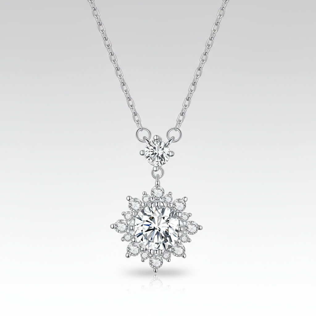 1ct Moissanite 925 Silver Halo Necklace
