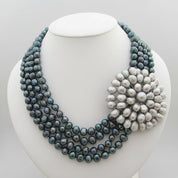 4-Strands Black Baroque Pearl Flower Necklace