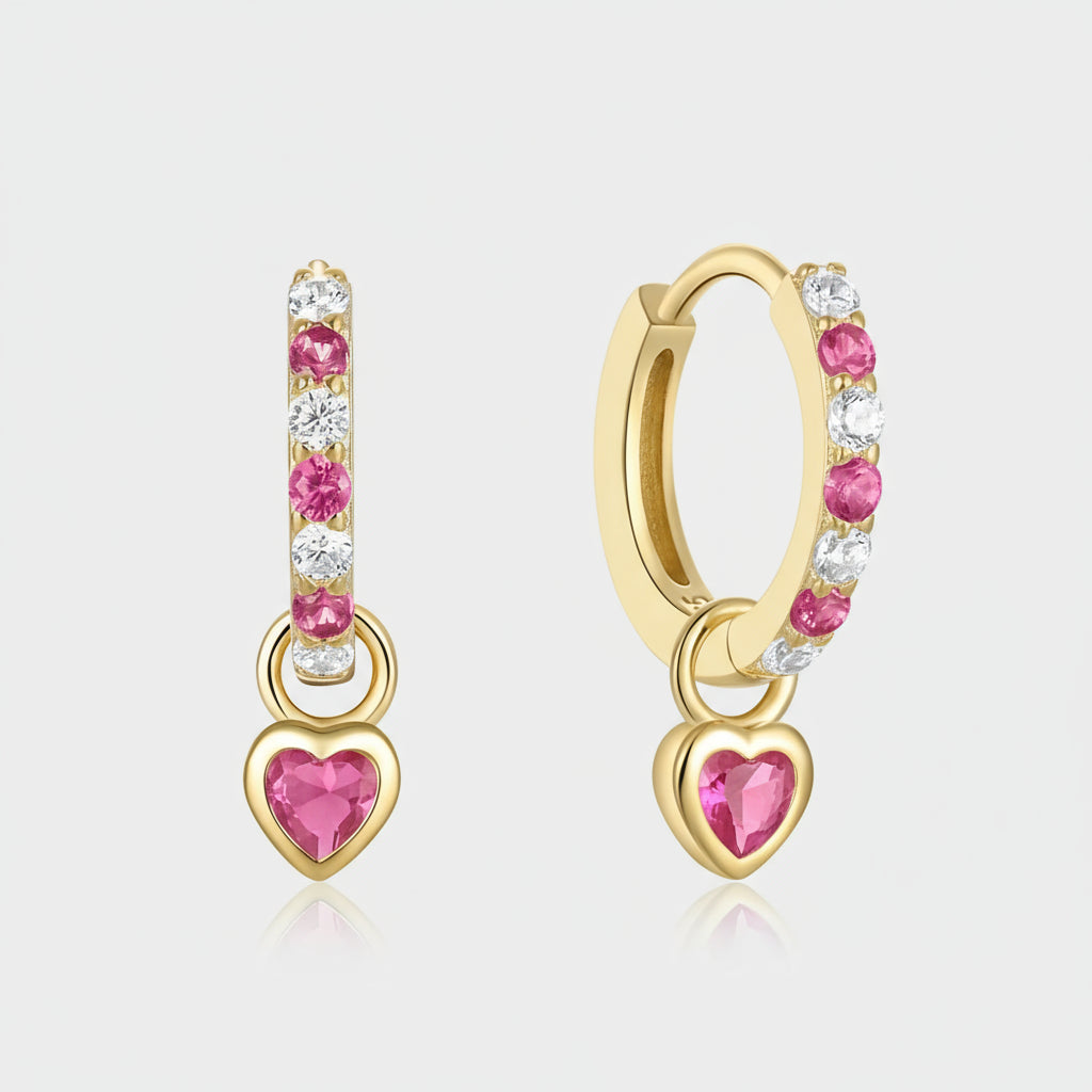 925 Silver Hoop Earrings White Pink Zircon Heart Pendant