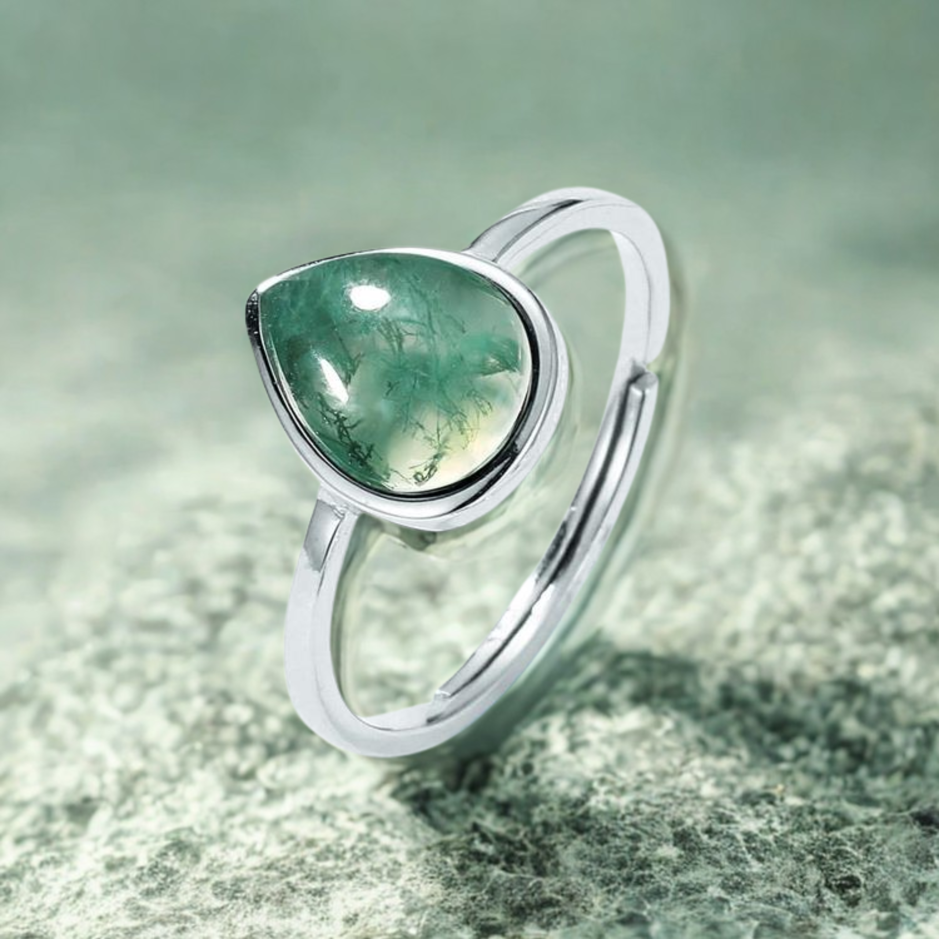 925 Silver Moss Agate Adjustable Ring