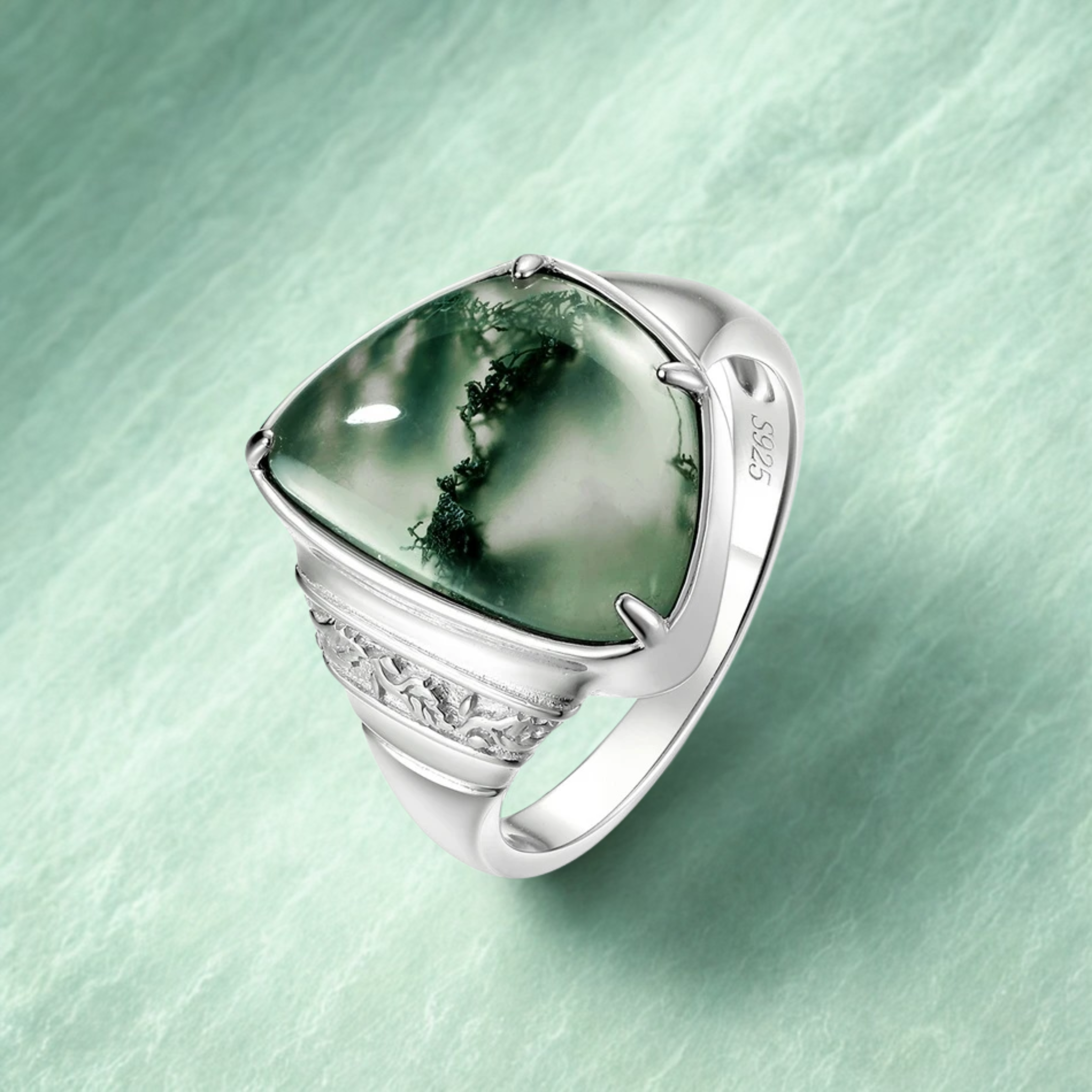 925 Silver Moss Agate Rings