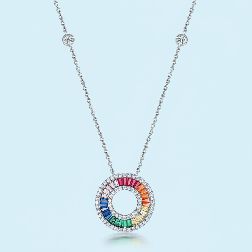 925 Silver Rainbow Colorful Zicron Circle Pendant Necklace