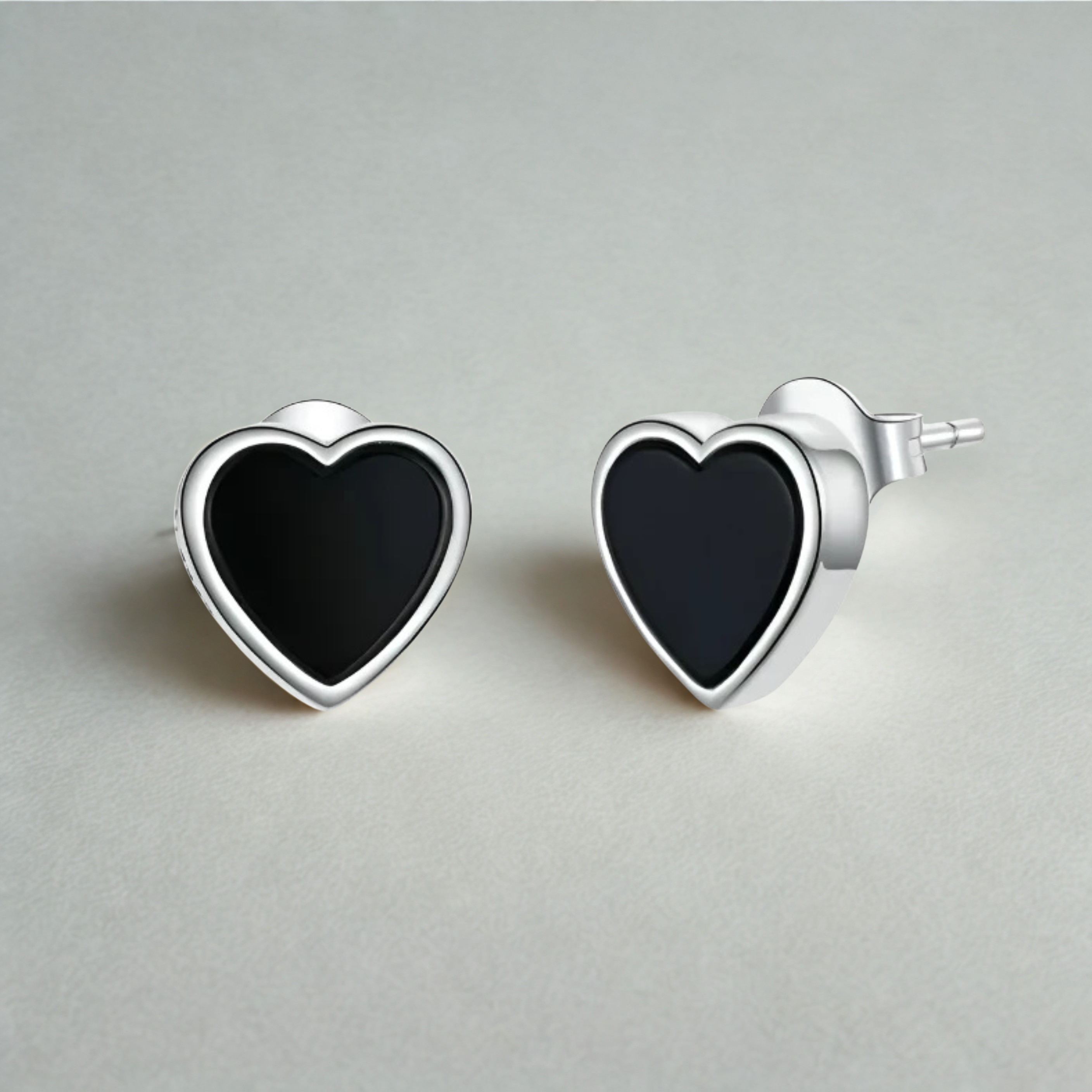 925 Sterling Silver Black Agate Heart Stud Earrings