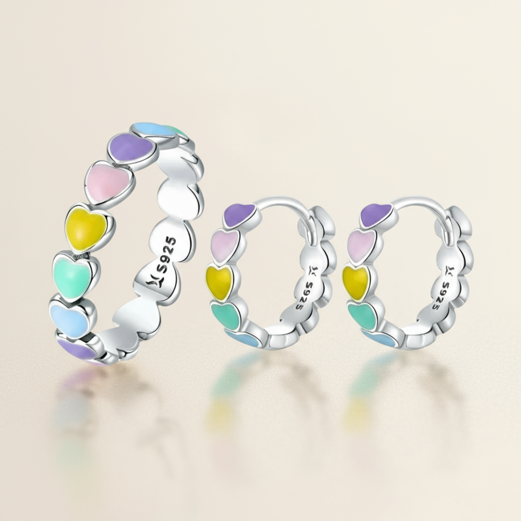 925 Sterling Silver Heart Earrings Ring Set
