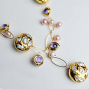 Natural keshi pearl purple murano glass charm necklace