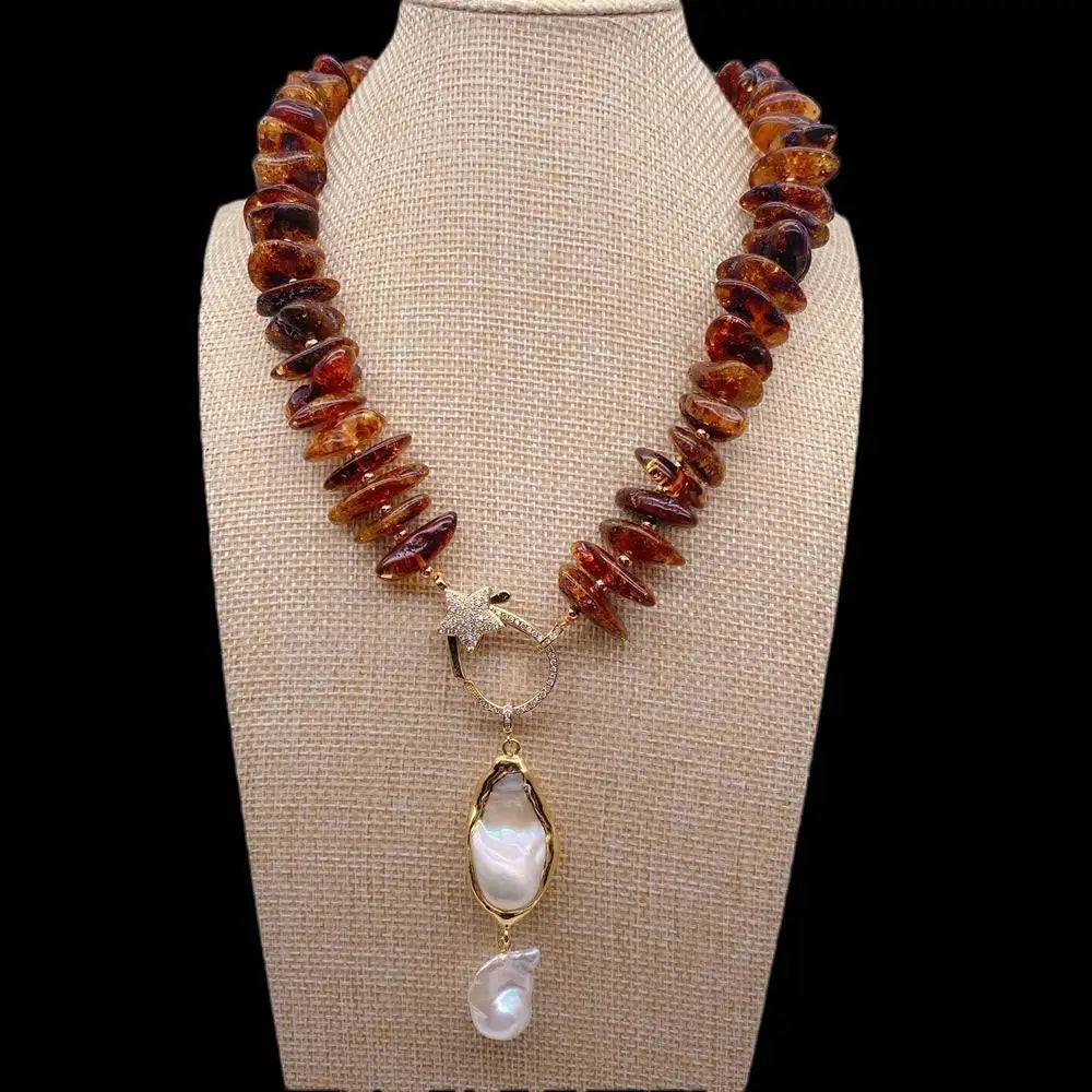 Amber & White Baroque Pearl Pendant Necklace