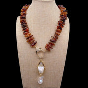 Amber & White Baroque Pearl Pendant Necklace