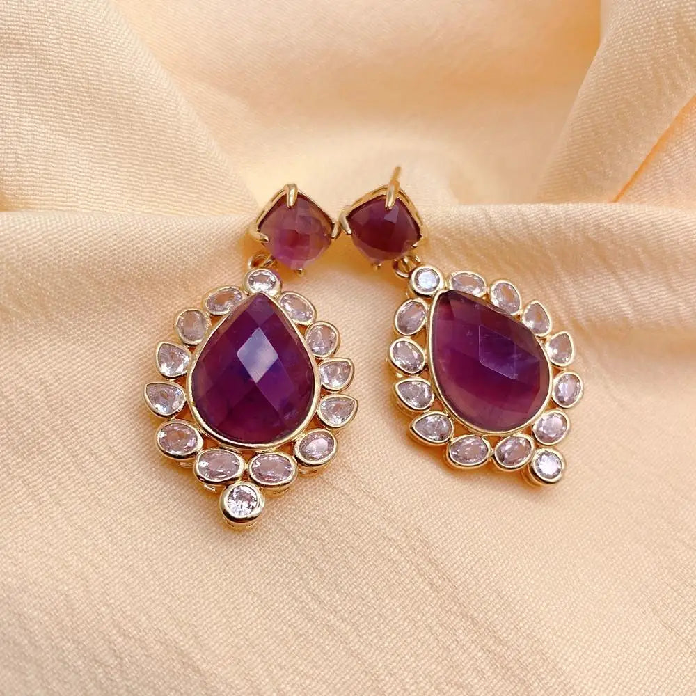 Amethyst Teardrop CZ Dangle Earrings