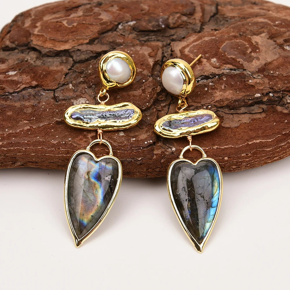 Black Biwa Pearl & Labradorite Heart Earrings
