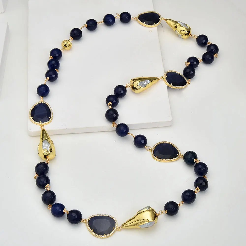 Blue Agate Biwa Pearl Station Necklace