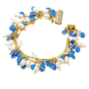 Freshwater white rice pearl blue enamel necklace and bracelet set