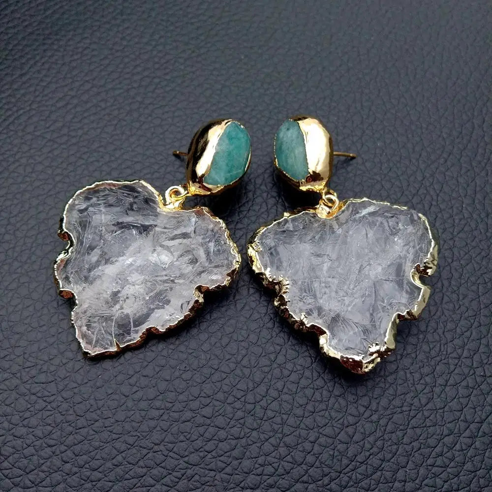Clear Quartz & Amazonite Leaf Earrings
