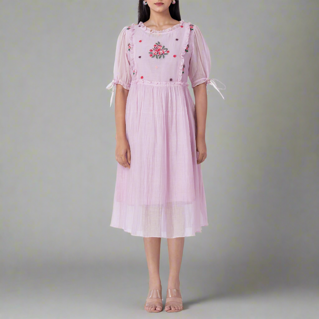 Front view of hand-embroidered floral cotton silk midi dress with puff sleeves