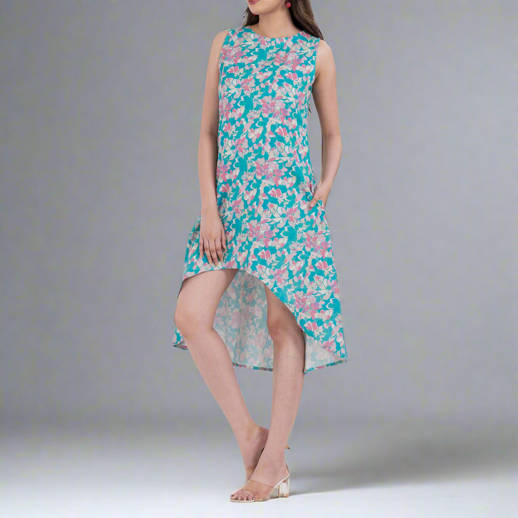 Floral print handloom cotton sleeveless high-low dress perfect for summer.