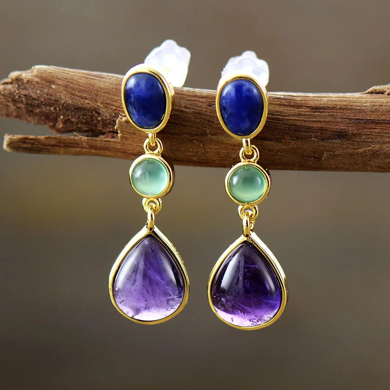 Gold Plated Amethyst & Lapis Stud Earrings