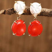 Gold Plated Coral & Pearl Drop Earrings