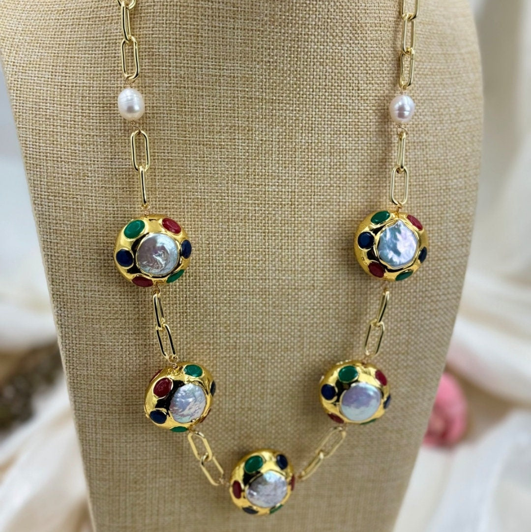 Gold chain Multi color beads keshi pearl necklace