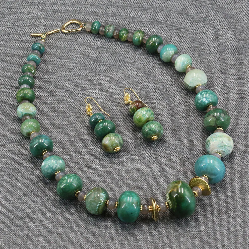 Green Emerald Agate Gray Bead Jewelry Set