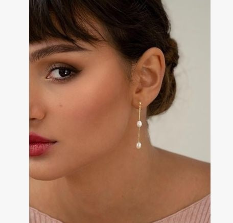White Natural Rice Two Pearl Trendy Drop Earrings