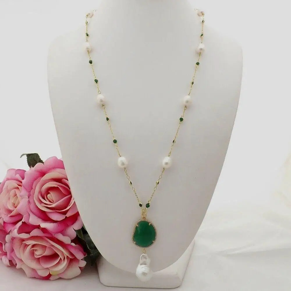 White freshwater Rice Pearl Green Crystal Chain Necklace Keshi Pearl Pendant