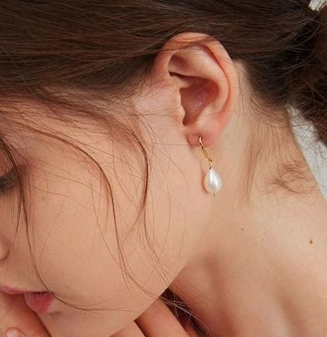 925 Sterling Silver White Natural Rice Pearl Hoop Earrings