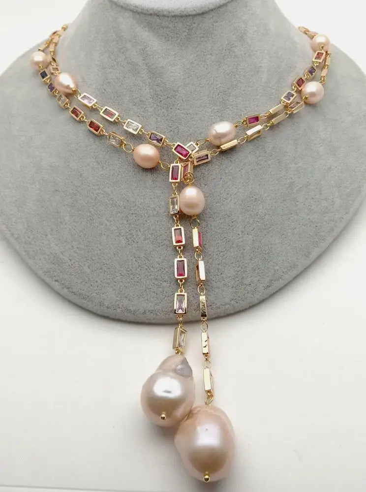 Natural  Keshi Pearl Baroque pearl pendant & CZ Pave Long Chain Necklace