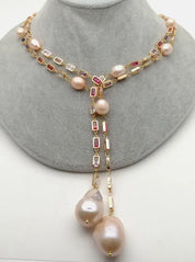 Natural  Keshi Pearl Baroque pearl pendant & CZ Pave Long Chain Necklace