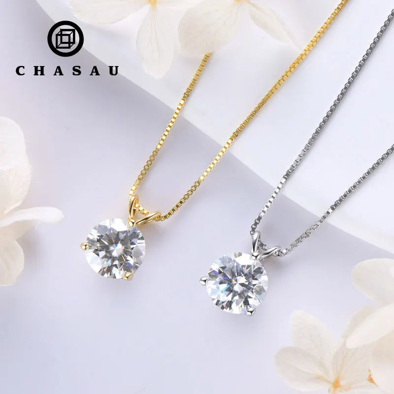 Classic 925 Sterling Silver Plating 14K Gold 1ct 2ct 3ct Round Cut 3 Prong Setting Moissanite Pendant Necklace for Women