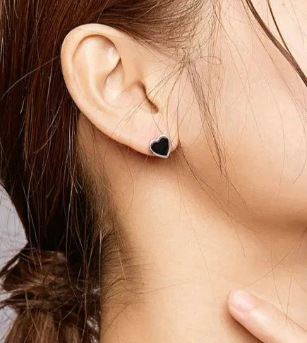 925 Sterling Silver Black Agate Heart Stud Earrings