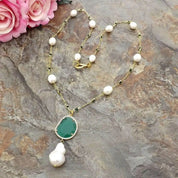 White freshwater Rice Pearl Green Crystal Chain Necklace Keshi Pearl Pendant