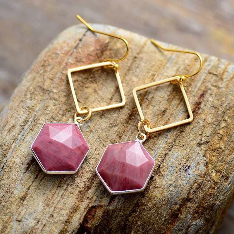 Natural Gemstone Rhodonite Dangle Earrings