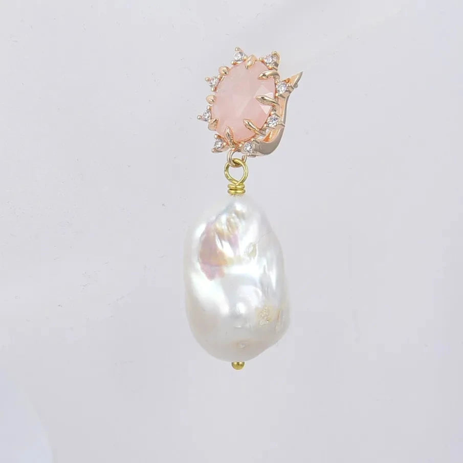 Natural  Keshi Pearl Rose Quartz Stud Earrings