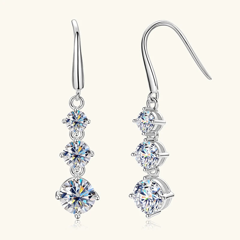 Female Full Moissanite Diamond 925 Silver Round Cut 6.5mm&5mm&4mm Moissanite Dangle Hook Earrings for Women