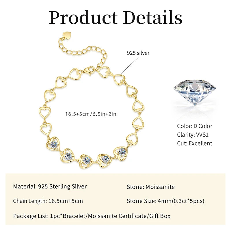 Luxury Romantic 925 Silver 4mm 0.30ct Moissanite Eternal Infinity Heart-Shaped Bracelet for Women Valentine's Day Gift