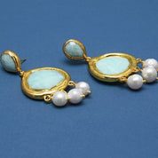 Natural Gemstone Green Amazonite and Keshi Pearl Dangle Earrings