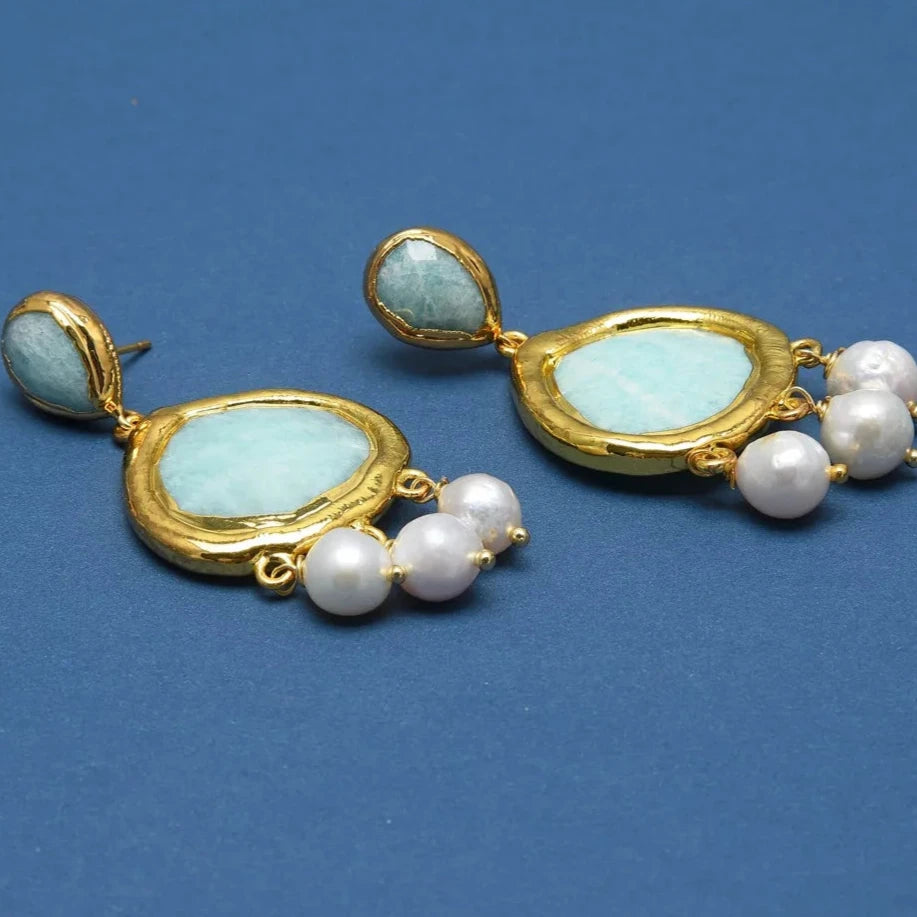 Natural Gemstone Green Amazonite and Keshi Pearl Dangle Earrings