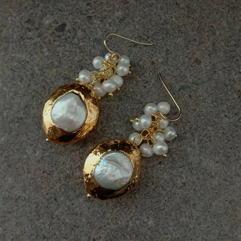 Natutal White Keshi Pearl Gold Hook Earrings