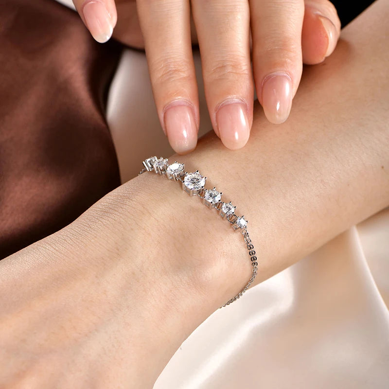 925 Sterling Silver Charm Six Claw 7-Stone Bracelet 6.5mm&5mm&4mm&3.5mm All D Moissanite Diamond Chain Bracelet for Women