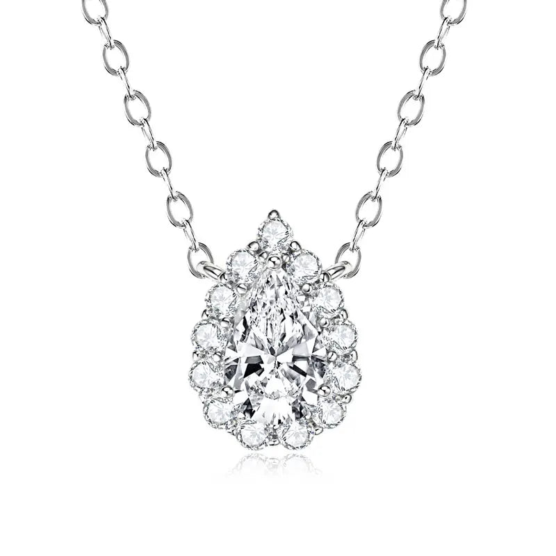 S925 Sterling Silver Wedding Gem Necklaces 1 Carat 1ct Pear Shaped Moissanite Halo Waterdrop Necklace Pendant for Women